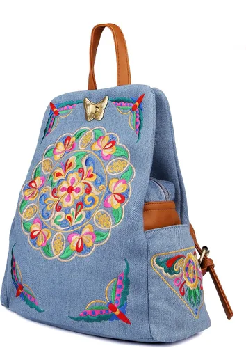 Vista 3 de Jursccu Mochilas de lona floral bordadas de mezclilla para mujer, antirrobo, retro, estilo étnico, bolsa de hombro, Jean Azul Claro, MochilaBolso