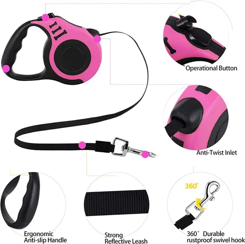 Vista 3 de Correa retráctil resistente para perros o gatos pequeños, cinta de nailon 360 sin enredos, mango antideslizante, con dispensador de bolsas de basura