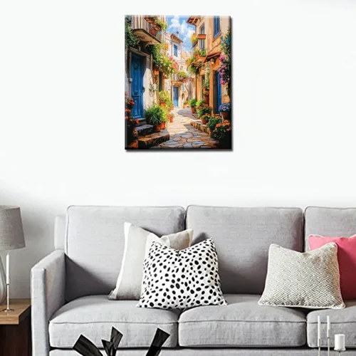 Vista 2 de Tucocoo Pintura de paisaje de luz solar por número para adultos sobre lienzo, pinceles de pigmento acrílico, nubes, kits de pintura al óleo