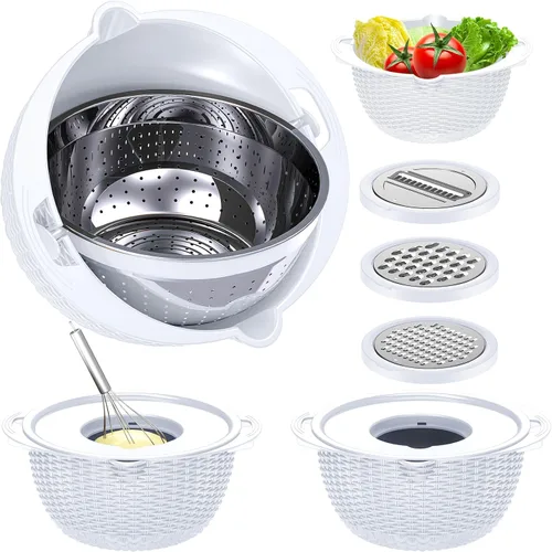 Vista 13 de Juego de Colador 4 en 1 con Conjunto de Tazones - Tazón Colador Giratorio con Cucharas Medidoras - Tazón Colador de Frutas, Coladores de Alimentos