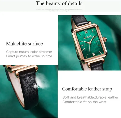 Vista 4 de Reloj OLEVS para mujer de estilo retro, forma cuadrada, reloj con piedra de color verde, cuadrado, reloj de cuarzo analógico, dorado para chica