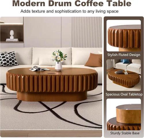 Vista 4 de Mesa auxiliar ovalada con almacenamiento, mesa de centro moderna acanalada de 43.3 pulgadas con tapa extraíble para sala de estar, mesa central