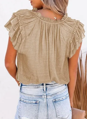 Vista 4 de Dokotto - Blusas informales con cuello en V para mujer, diseño de manga corta, con cordón ajustable