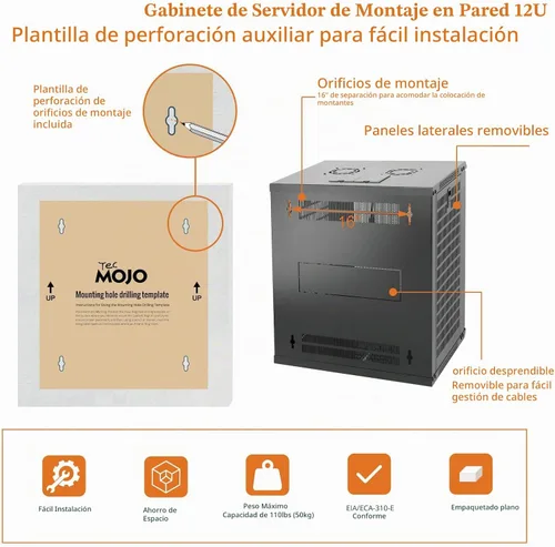 Vista 5 de Tecmojo Gabinete de red para montaje en pared de 12U para equipos de TI de 19 pulgadas, con puerta de malla con cerradura y paneles laterales