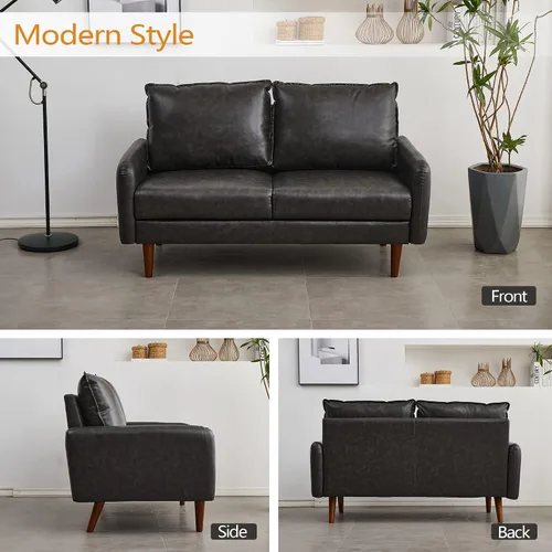 Vista 4 de INSTORY Sofá de dos plazas de cuero moderno Sofá cómodo con patas de madera para sala de estar, oficina, color gris oscuro