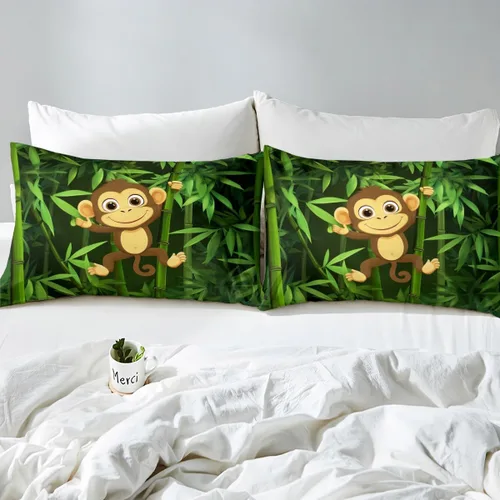 Vista 7 de Erosebridal Juego de funda de edredón con diseño de hojas y mono para niños, funda de edredón de animales divertidos, tamaño individual para niños