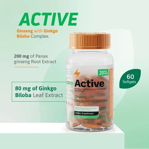 Vista 5 de Panax - Extracto de ginseng de 200 mg y complejo de ginkgo biloba de 80 mg, 60 cápsulas blandas, fórmula energética y concentración, suplemento