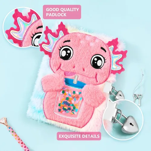 Vista 2 de WERNNSAI Axolotl - Diario secreto para niñas con llave de bloqueo, kit de diario de felpa para niños, cuaderno de viaje escolar con bolígrafo