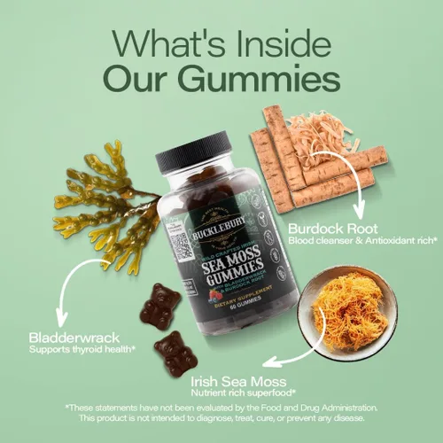 Vista 2 de BUCKLEBURY Wild Crafted - Gomitas de musgo marino irlandés con vejiga y raíz de bardana, multivitamínico masticable natural, veganas, para apoyo