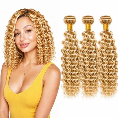 Vista 169 de P4613 Cabello humano rizado onda profunda marrón y paquetes mixtos 8 10 12 P4613 Ombre Marrón-Rubio-DP