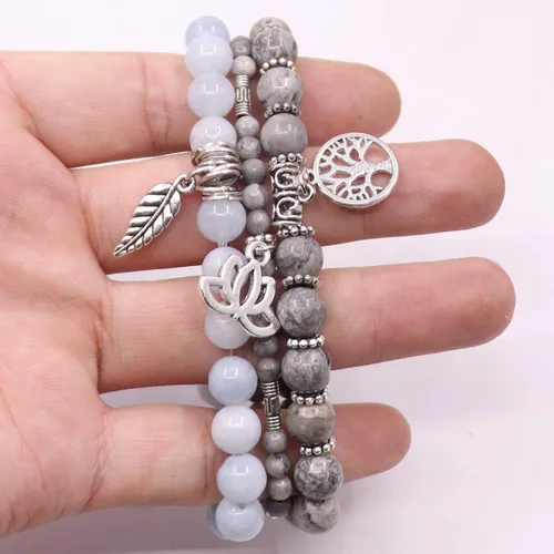 Vista 4 de UEUC - Pulseras Reiki, apilables, de piedras curativas, cristales, con dije del árbol de la vida, yoga y hoja de loto, contra la ansiedad