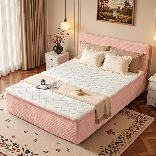 Vista 12 de Base de cama matrimonial sin hueso con cabecera de colchón, cama sin Beige