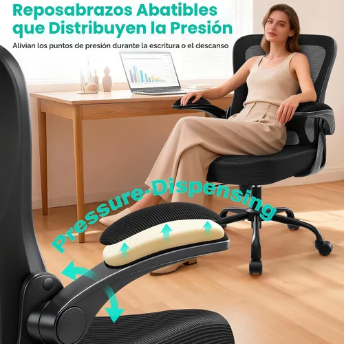 Vista 7 de AreShark Silla de Oficina - Silla de Escritorio Ergonómica de Malla Respirable con Soporte Lumbar Ajustable y Reposabrazos Abatibles - Silla