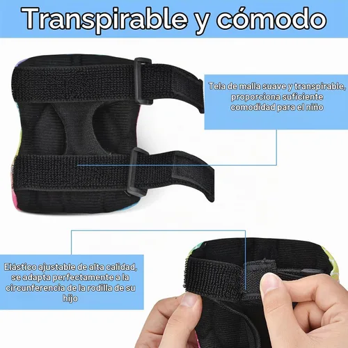 Vista 5 de Rodilleras para niños, juego de equipo de protección ajustable con bolsa de malla, rodilleras y coderas, protector de muñeca para niñas, patines