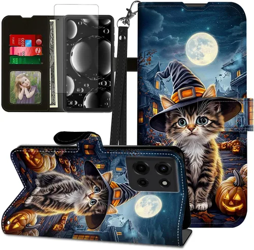 Vista 127 de Funda para Motorola Edge 2022 con protector de pantalla, soporte y tarjetero y correa para la muñeca, funda magnética para Moto Edge 2022 5G UW Lobo