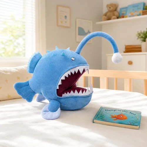 Vista 6 de Juguete de peluche de pez pescador – Lindo pez pescador azul de 12 pulgadas, juguetes de peluche real de la vida marina, pez linterna, juguetes