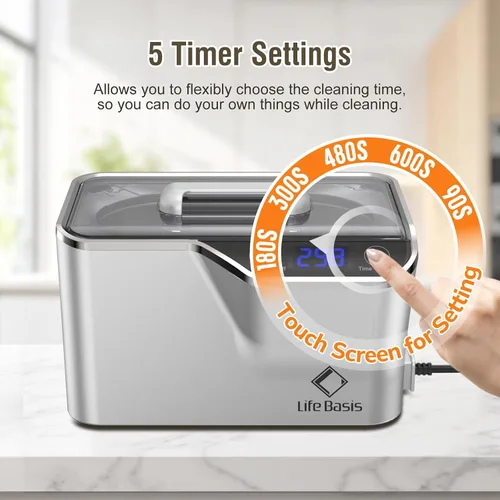 Vista 4 de LifeBasis Limpiador ultrasónico, limpiador ultrasónico profesional de joyas de 45 kHz, 20 onzas (20.3 fl oz) con temporizador digital, soporte