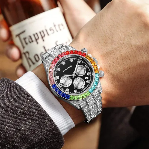Vista 3 de Gosasa Reloj de pulsera para hombre y mujer, diseño de diamantes y esfera colorida, estilo hip hop, piedras de cristal de acero inoxidable