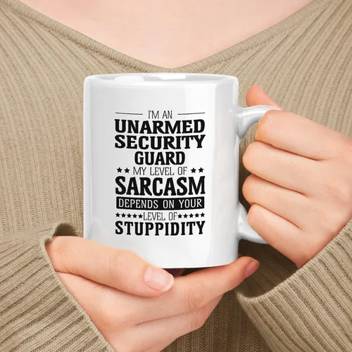 Vista 31 de Taza de cerámica blanca de regalo para Armed Guard de 11 oz y 15 oz - Mi nivel de sarcasmo depende de tu nivel