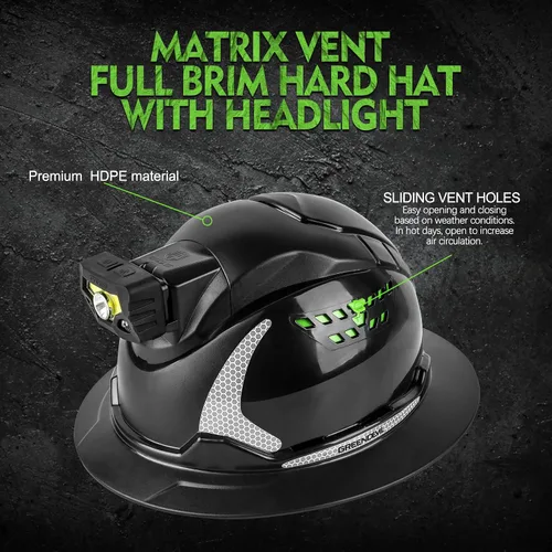 Vista 2 de GREEN DEVIL Casco de Construcción Matrix de ala completa con luz frontal, Casco de seguridad ventilado aprobado por OSHA para trabajos de Negro