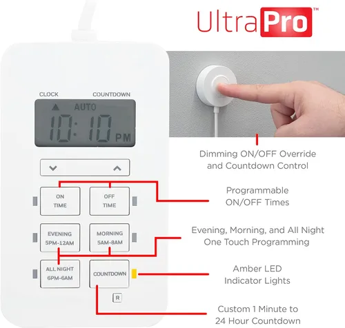 Vista 3 de UltraPro Temporizador de salida digital regulable con enchufes polarizados duales, correa de 5 pies, uso en interiores, programación programable