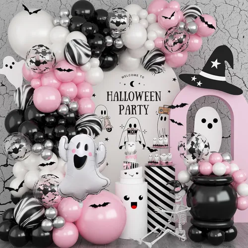 Vista 10 de Kit de arco de globos de Halloween, globos de esqueleto blanco y negro para decoración de Halloween, guirnalda de globos con estrella de explosión