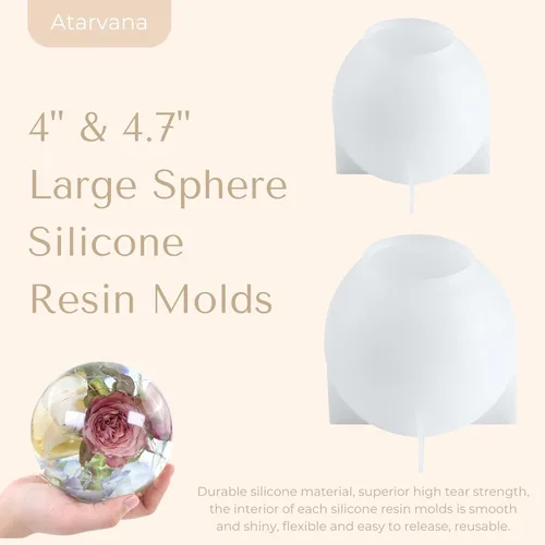 Vista 2 de Atarvana 2 moldes de resina de esfera grande, moldes de silicona con forma de bola de 4.7 y 4 pulgadas con 5 cuentagotas y 10 vasos desechables