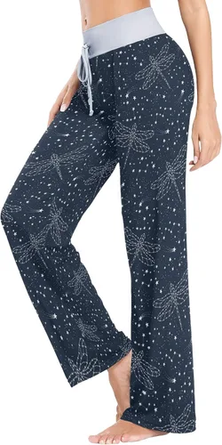 Vista 3 de Pantalones de pijama para mujer, cómodos, casuales, estilo palazzo, con cordón, de pierna ancha Color 1