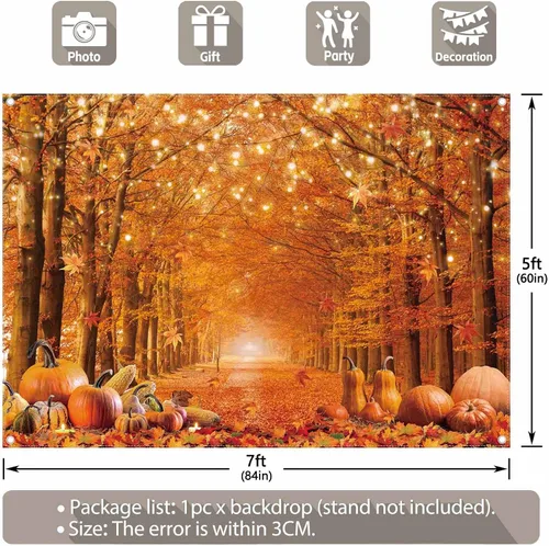 Vista 3 de Fondo de fotografía de otoño de 7 x 5 pies, hojas de arce de otoño, calabaza, fondo para dar amigos, suministros de fiesta de Acción de Gracias
