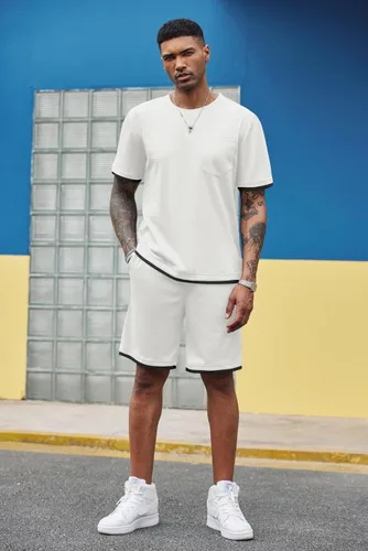 Vista 75 de COOFANDY Conjunto de camisa y pantalones cortos de gofre para hombre, conjunto de 2 piezas, conjunto casual de verano con bolsillos