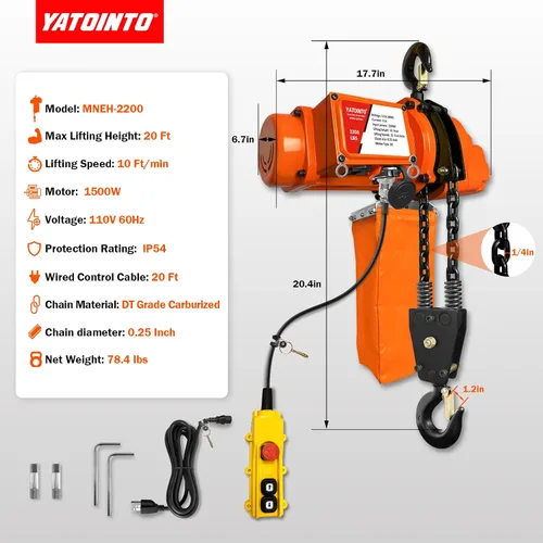 Vista 7 de YATOINTO Cabrestante eléctrico de cadena de 1 tonelada, control remoto con cable de 20 pies con interruptor de parada de emergencia, diseño de doble