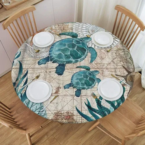 Vista 7 de Mantel ajustable con temática náutica con diseño de cangrejo, mapa de vida costero azul del océano, borde elástico, cubierta impermeable y lavable