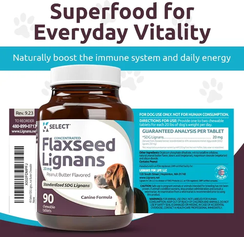 Vista 4 de K9 Select Lignans concentrados de linaza para perros, 20 mg 90 tabletas, sabor a mantequilla de maní, masticable, Impove Coat