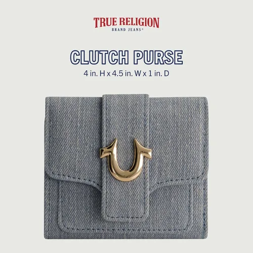 Vista 2 de True Religion Women's Mini Wallet, Horseshoe Logo Small Compact Trifold Clutch Purse Mezclilla clara