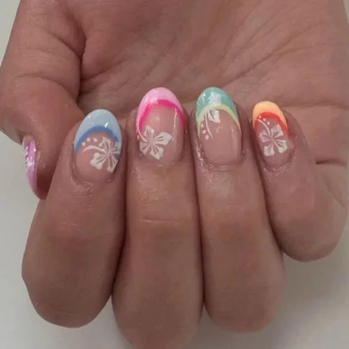 Vista 29 de Uñas postizas cortas en forma de almendra SWEKKE con punta francesa, uñas falsas con diseños de flores 3D en amarillo y rosa, uñas adhesivas