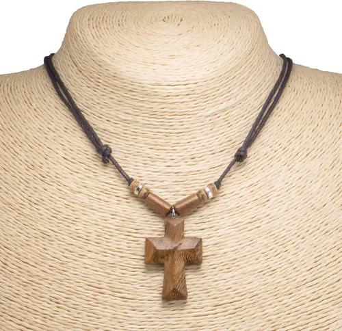 Vista 2 de Collar ajustable con cruz y cuentas de madera