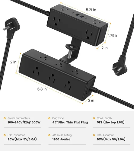 Vista 7 de Regleta de alimentación con abrazadera de escritorio de doble capa, protector de sobretensiones de montaje en borde de escritorio con 4 puertos USB