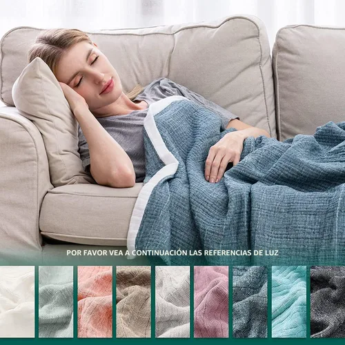 Vista 6 de SE SOFTEXLY Manta de muselina de algodón para adultos, transpirable de 4 capas con textura de lino teñido, manta de gasa para cama, sofá, sofá
