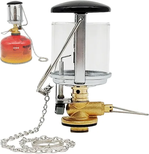 Vista 2 de Linterna de gas, linterna de gas de metal compacta para acampar con vidrio resistente al calor, lámpara de vela portátil para acampar y senderismo