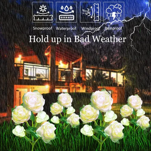 Vista 4 de SmilingTown Luces solares de flores para exteriores, impermeables, [actualizadas], paquete de 2 10 rosas blancas, luces decorativas para jardín