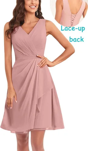 Vista 3 de Vestidos cortos de dama de honor con cuello en V con bolsillos, sin mangas, línea A, verano, playa, gasa, vestido de invitada de boda