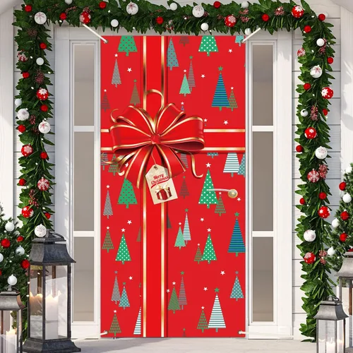 Vista 10 de Cartel de Navidad para puerta, decoración de Feliz Navidad, búfalo a cuadros rojos y negros, telón de fondo de caja de regalo de Navidad, lazo