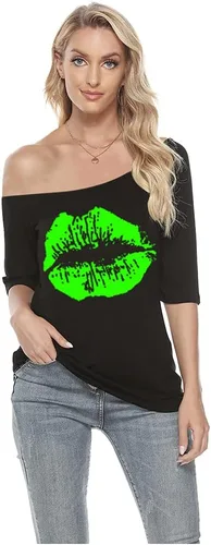 Vista 2 de MAGICMK Camiseta casual de talla grande con estampado de labios y hombros descubiertos para mujer