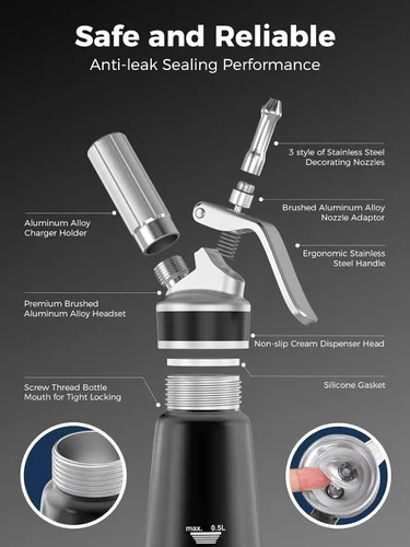 Vista 5 de Dispensador profesional de crema batida de aluminio de 16.9 fl oz / 1 pinta, batidor de crema a prueba de fugas con 3 puntas de decoración, probado