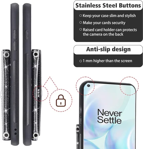 Vista 8 de Asuwish Funda para teléfono OnePlus 8 OnePlus8 5G UW Tmobile con protector de pantalla y correa cruzada, cordón para tarjetas con purpurina Negro