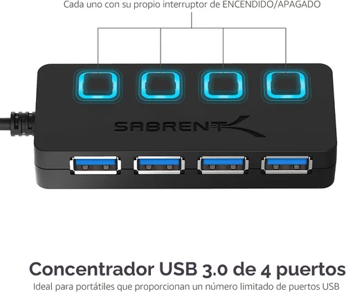 Vista 2 de Sabrent USB de 4 puertos 3.0 Hub con interruptores individuales de energía y LEDs (HB-UM43)
