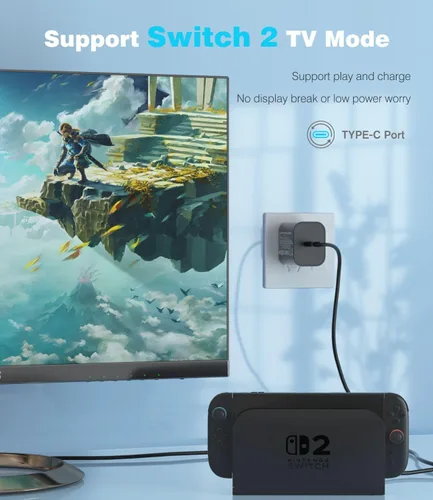 Vista 3 de Cargador para Nintendo Switch 2 Steam DeckSwitch y PS5 compatible con modo de TV, salida 60 W Max para Nintendo 2 con cable de carga de 5 pies