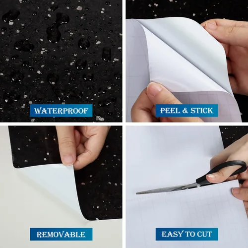 Vista 3 de FunStick Papel adhesivo de granito Galaxy para encimeras de granito negro, papel de contacto para encimera, impermeable, autoadhesivo, mármol
