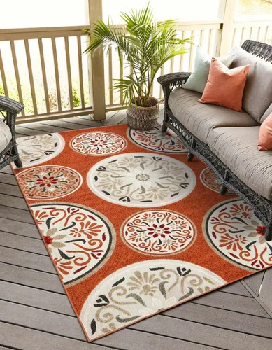 Vista 12 de Unique Loom Outdoor Modern Collection - Alfombra de área con círculos (5 pies 3 pulgadas x 8 pies, ovalada, terracota/borgoña)