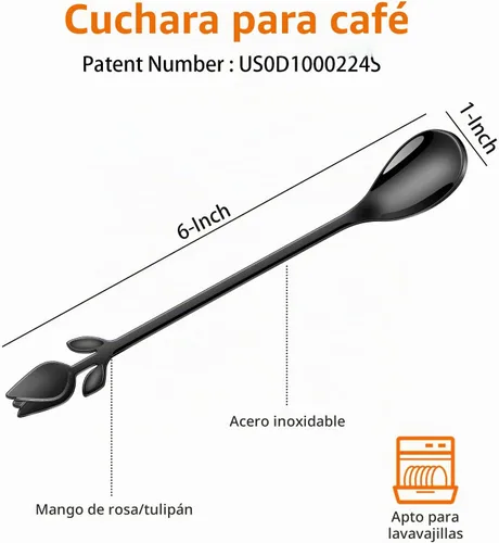 Vista 2 de Juego de 12 mini cucharas de café con mango de tulipán negro/rosa, acero inoxidable de 6 pulgadas para expreso, té, postre, ideal para demitasse